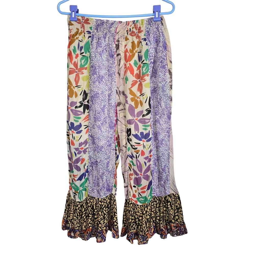Young Threads Boho Patchwork Bell Bottom Pants Floral Crop Small S